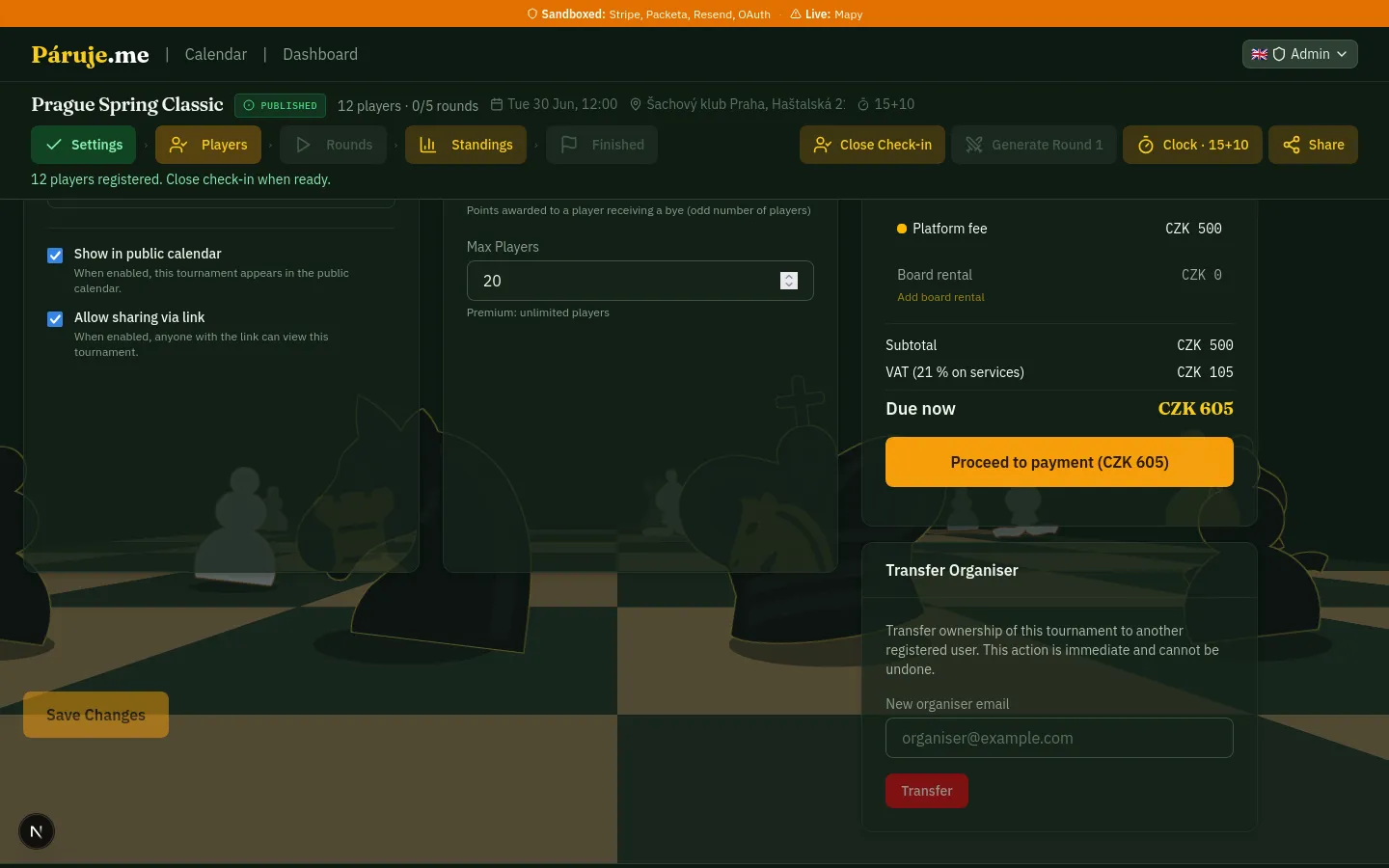Booking cart showing chess set rental and CZK total