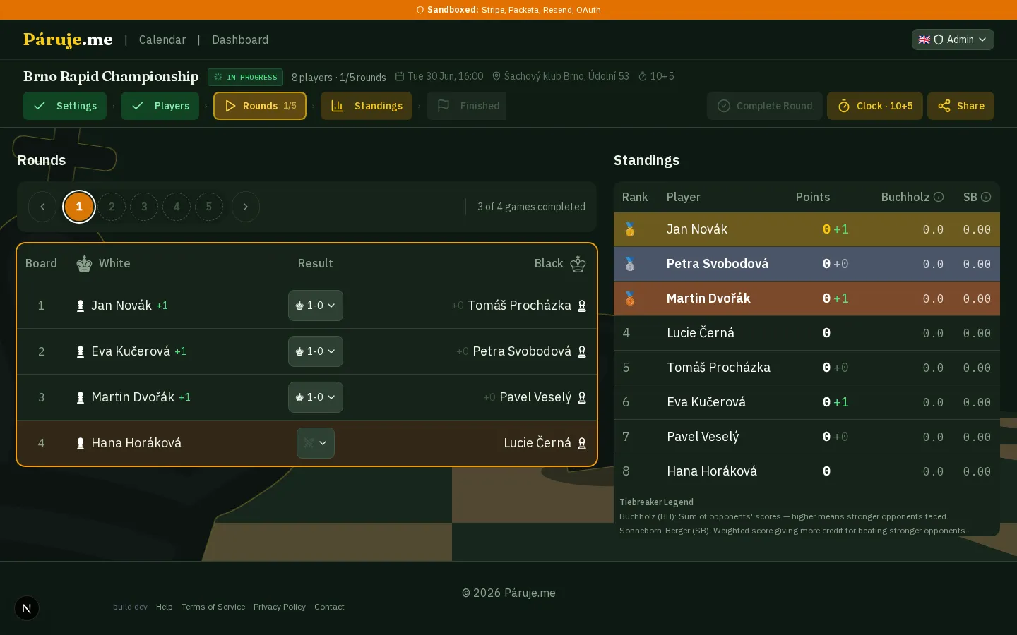 Live tournament results screen showing standings and pairings